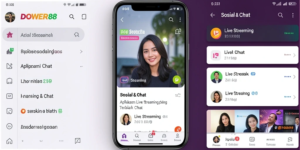 Antarmuka aplikasi DOWER88 saat streaming langsung dengan berbagai fitur interaksi.