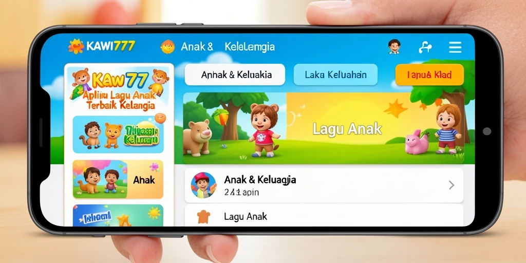Tampilan antarmuka aplikasi KAWI777 dengan pilihan lagu anak yang ceria.